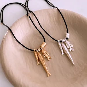 Fish Bone Pendant Necklace Adjustable Black Cord Alloy Copper Long Sweater Chain For Women Sweet Cool Art Style