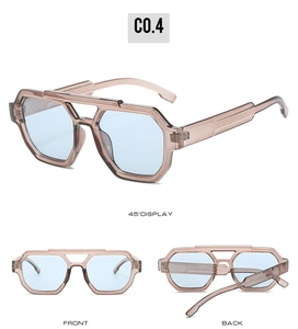 Detailed views of translucent brown pilot sunglasses with blue lenses and double bridge