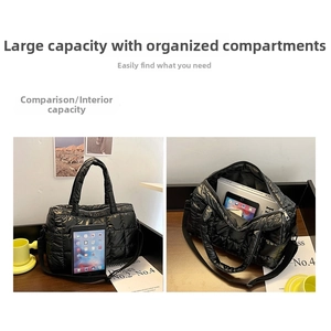 Detailed interior of black quilted puffer bag showing large capacity for books and iPad