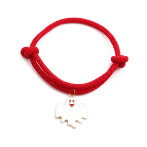 Adjustable red woven Halloween bracelet featuring a cute white ghost enamel charm