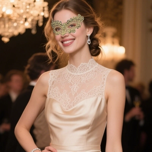 Close-up of elegant gold lace eye mask for masquerade parties and Halloween costumes
