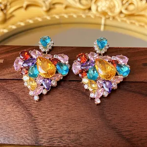 Luxury Vintage Multi-Color Zirconia Heart Stud Earrings With 925 Sterling Silver Post Alloy Heart Cluster Earrings For Women Jewelry