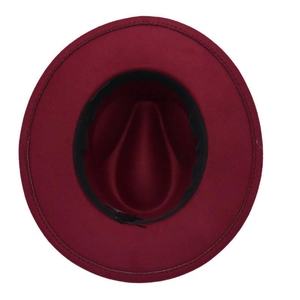 Top view of deep wine red wool fedora interior showing black sweatband and structure