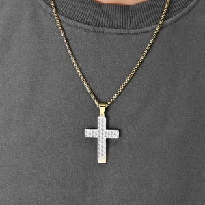 Men's hip hop gold chain with a textured silver and gold honeycomb cross pendant