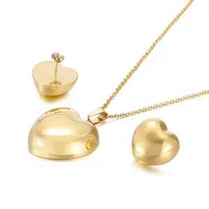 Women Stainless Steel Heart Round Necklace And Earrings Jewelry With Rhinestone MOM Engraved Hollow Minimalist Style
