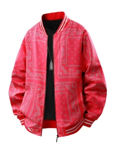 Veste baseball homme rouge dégradé avec imprimé paisley blanc et finitions côtelées rayées