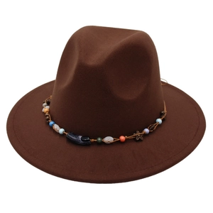 Fedora Hat Wool Felt Wide Brim Beaded Band Bohemian Vintage British Style Jazz Cap For Men Women