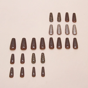Caramel leopard print ballerina press-on nails with rose gold glitter finish