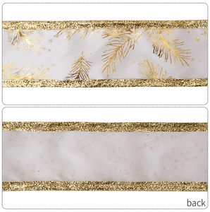 Detailed front and back view of white Christmas ribbon with gold pine needles and glitter
