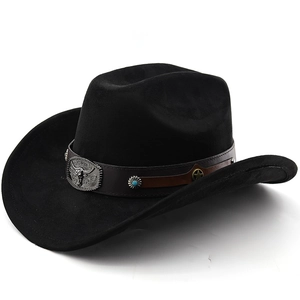 Detail of black wool felt cowboy hat with leather band and silver bull head emblem