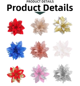 Detail showing nine different colors of glittery artificial poinsettia Christmas flowers