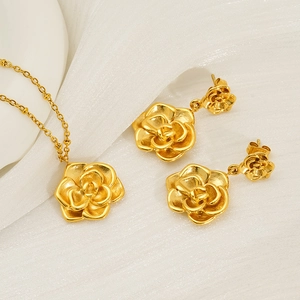 18K gold plated stainless steel rose flower necklace and S925 silver stud earrings set