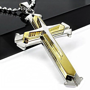 Men's double-layer steel cross pendant necklace with silver and gold ball chain