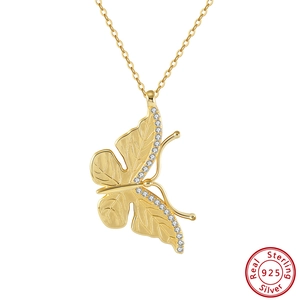 Elegant 925 sterling silver butterfly necklace with crystal inlay in gold finish