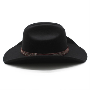 Detail of black wool felt cowboy hat featuring a red and black braided hat band decoration