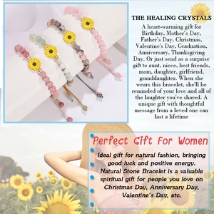 Sunflower charm bracelet with pink and green natural stone beads on a gift card display