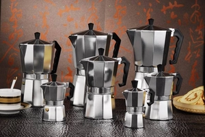 Collection of six different sized aluminum moka pots with classic silver finish and black handles