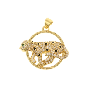 Macro detail of a leopard pendant in gold finish with sparkling zircon stones