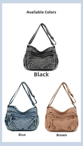 Detailed comparison of washed denim bags in black, blue, and brown with multi-pocket design