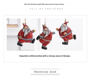 Detail of three vintage painted Santa Claus ornaments with rustic metal textures and jute cords