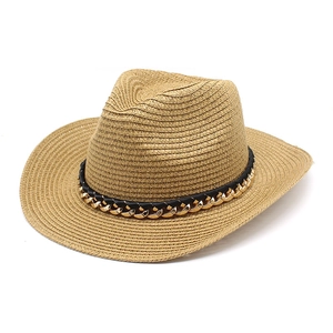 Sombrero panamá de paja hecho a mano para hombre con banda de cuero y cadena dorada