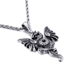 Steampunk dragon pendant necklace in aged silver finish on a clean white background