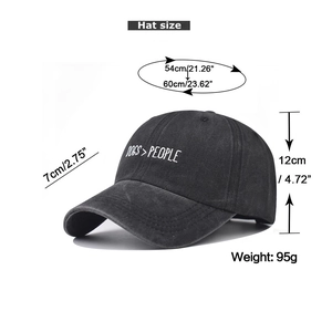 Detailed size specifications of the washed denim baseball cap with Dogs Over People embroidery