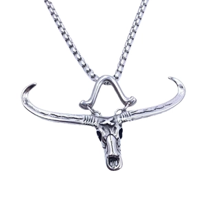 Vintage Bull Head Skull Pendant Necklace For Men Stainless Steel Long Horn Distressed Gothic Hip Hop Jewelry