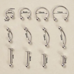 0.8mm stainless steel piercing set with horseshoes, curved and flat studs in various sizes