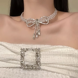 Rhinestone Schleife Quaste Choker Halskette Kupfer Eingelegt Zirkon Kunstperle Lagenlook Eleganter Schmuck Für Damen