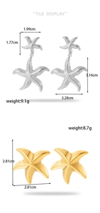 Detailed size chart for stainless steel starfish earrings in silver and gold metallic finishes