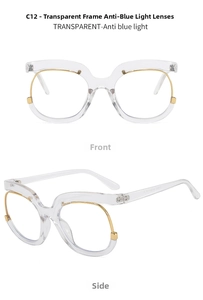 Front and 45-degree view of Y2K owl frame anti-blue light glasses with gold metal trim