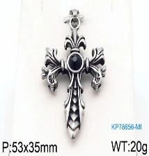 Detailed 53x35mm gothic stainless steel cross pendant with central black gemstone