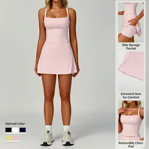 Vestido deportivo rosa con pantalón corto y bolsillos laterales para fitness y running