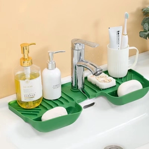 Green silicone kitchen faucet splash guard and sink drainer mat with drainage outlets