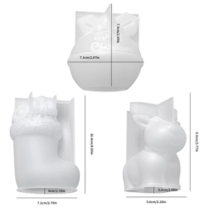 Detailed size chart for Christmas bell, sock, and reindeer silicone resin molds with dimensions
