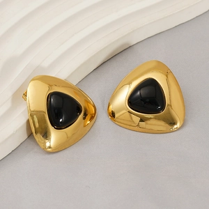 Minimalist 18k gold plated stainless steel triangle earrings with black resin inlay