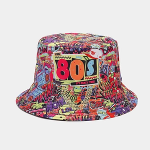 Detail of 80s 90s vintage graffiti bucket hat featuring vibrant party themed prints
