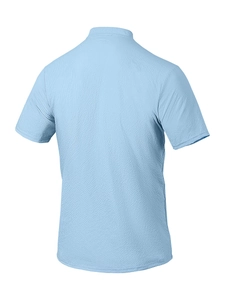 Close-up of light blue seersucker fabric texture on men's short-sleeved polo shirt