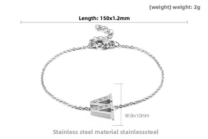 Detail showing dimensions of silver W letter bracelet in stainless steel with zircons