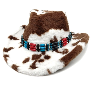 Cowboy Hat Cow Print Plush Faux Fur Wide Brim Ethnic Beaded Band Western Style Winter Party Accessories For Women