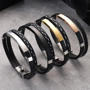 Multilayer black leather woven bracelets with silver, black, gold, and rose gold metal plates