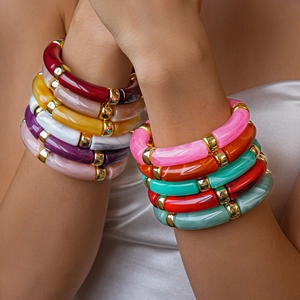 Acrylic Resin Bamboo Tube Bracelet Gold Metal Spacer Marble Pattern Bohemian Elastic Bangle Jewelry For Women