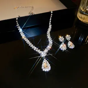 Rhinestone Waterdrop V-Shape Tassel Necklace Earrings Set Alloy Elegant Wedding Jewelry For Women Silver Earring Post