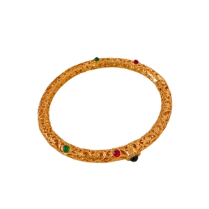 24K gold plated vintage open bangle with filigree work and colorful gemstones