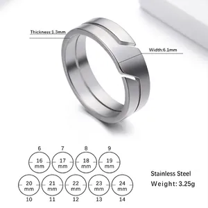 Size chart for stainless steel rings with width 6.1mm and inner diameter measurements