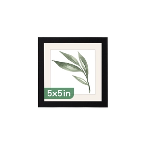 Detailed view of 5x5 inch black square wooden frame with minimalist watercolor leaf art
