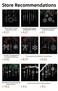 Detailed view of clear acrylic Christmas ornaments including snowflakes and icicles