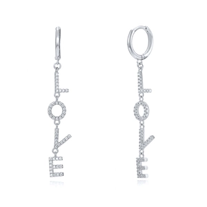 S925 silver needle drop earrings featuring LOVE letter charms with sparkling crystals