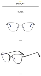 Detail view showing black metal cat-eye frames from front and side angles